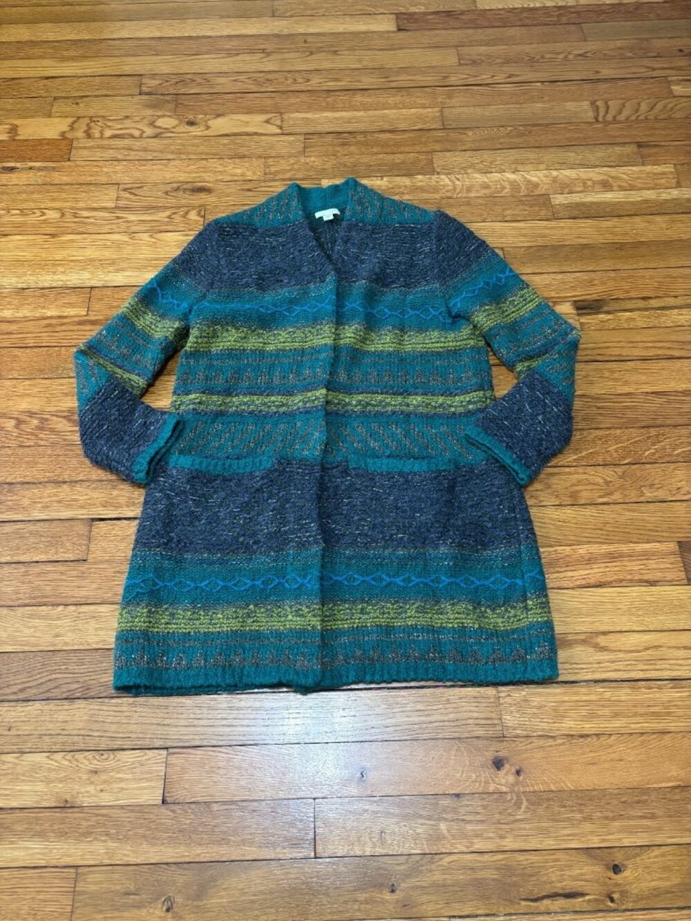 J Jill Womens Cardigan Sweater Size Small Green Chunky Knit Snap Button Longer